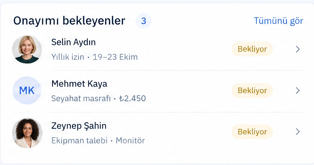 Bekleyen izin, masraf ve ekipman talepleri