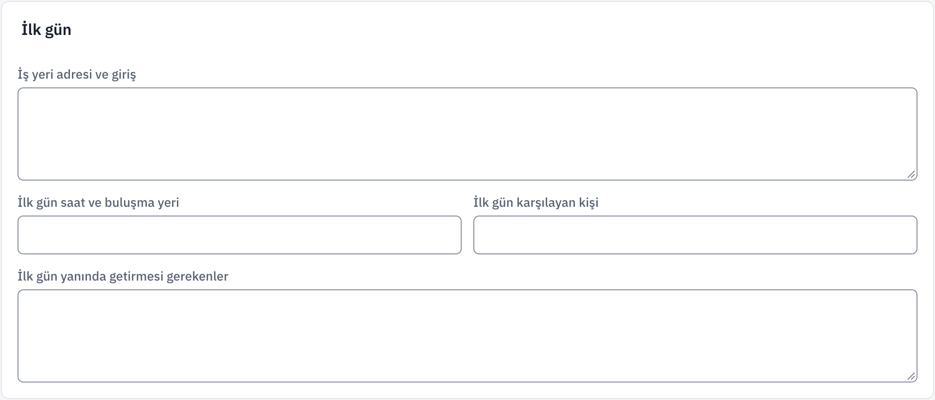 Şirket bilgileri kurulumundaki boş İlk gün alanları: adres, buluşma saati, karşılayan kişi ve getirilmesi gerekenler