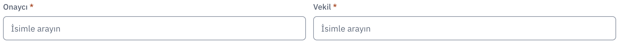 Gerçek vekâlet ayarında onaylayıcı ve vekil için kişi arama alanları