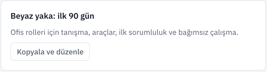 Gerçek hazır plan kartı: Beyaz yaka için ilk 90 gün; tanışma, araçlar, ilk sorumluluk ve bağımsız çalışma