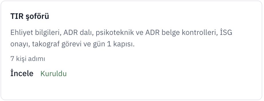 Gerçek şablon galerisindeki TIR şoförü kartı: ehliyet, ADR, psikoteknik, İSG ve takograf görevleri