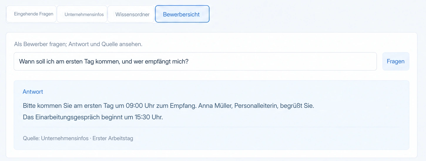 Lokalisierter Produktausschnitt: Frage zum ersten Tag, Empfang um 09:00 Uhr anhand der Unternehmensinformationen und Quellenangabe