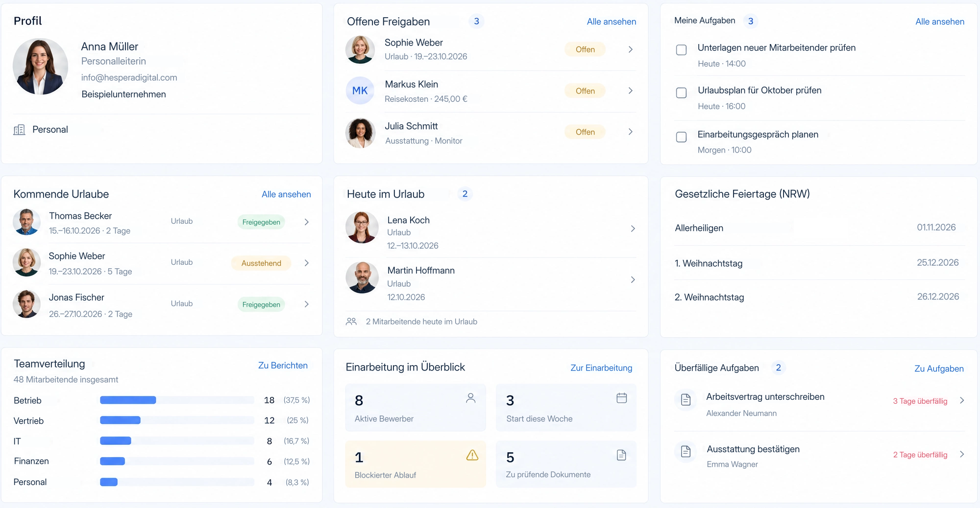 Hespera HR Startseite: offene Freigaben, Aufgaben, kommende Abwesenheiten und Onboarding